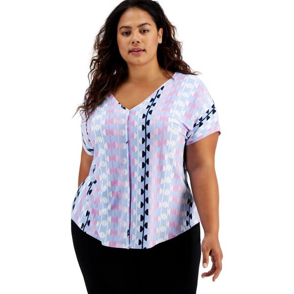 Bar III Tops - NWT Bar III Womens Plus Size Printed Seamed V-Neck Top 10832262 1X Blue Combo